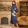 Women's Sleepwear Navy Blue Satin Robe Women Summer Nightgown Print Flower Nightdress V-Neck Kimono Bathrobe Gown Nightwear Loungewear