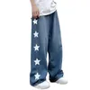 Calças masculinas homens jeans perna larga reta solta estrela impressão comprimento total cor sólida bolsos botão fecho de zíper macio retro streetwear lon