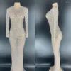 Stage Wear Mesh Gauze Perspective Dresses Rhinestones Plaid Split Fork Dress Floor-Length Lady Dance Costume Nightclub Outfit