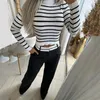 Wefads Women Two Piece Set Winter Office Casual Striped Printed Crew Long Sleeve Slim tröja Top Loose With Pockets Pants Set 240122