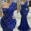 2024 Aso Ebi Royal Blue Mermaid Prom Dress Beaded Crystals One Shoulder Evening Formal Party Second Reception Birthday Engagement Gowns Dresses Robe De Soiree ZJ68