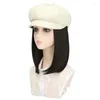 Berets Women Octagonal Hat With Attached Short Straight Hair Detachable Natural And Soft Cap For Female