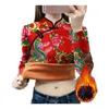 Kvinnors blusar Kvinnor Cheongsam Top Floral Plaid Print Fleece fodrad kinesiska med knutknappdekor traditionell qipao för hösten