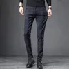 Autumn Winter England Plaid Work Stretch Pants Men Business Fashion Slim Thick Grey Blue Casual Pant Male Brand Trousers 38 240122