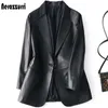 Nerazzurri Spring Autumn Black Leather Blazer Women Single Button Slim Fit Designer Womens Jackets and Coats 5xl 6xl 7xl 240125