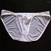 Underpants Funny Ice Silk Briefs Sexy U Convex Lingerie Mens Semi Transparent Buckle Underwear Low Waist Male Panties