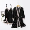 Women's Sleepwear Bride Bridesmaid Wedding Velvet Twinset Robe Set Loose Home Wear Sexy Lace Trim Nightgown Autumn Winter Women Bathrobe