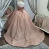 Rose Gold Shiny Straps Off the Shoulder Quinceanera Dress Ball Gown Bling Crystal Appliques Lace 3DFlower Corset Vestido De 15