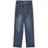 Calças de brim femininas veludo engrossado outono inverno 2024 cintura alta magro em linha reta calças largas perna solta cordão denim