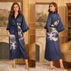 Women's Sleepwear Navy Blue Satin Robe Women Summer Nightgown Print Flower Nightdress V-Neck Kimono Bathrobe Gown Nightwear Loungewear