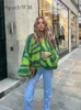 Mulheres verde listrado crochê malha cardigan casual solto lanterna manga oversize camisola outono moda chique senhoras streetwear 240122