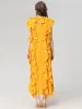 Luxury Ladies Summer High Quality Fashion Party Orange Yellow Ruffle Elegant Sexy Sweet Pretty Classic Chic Girls Long Dress