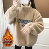Standing Collar Lamb Wool Sweater Women's Plush Thickened 2024 Spring New Particle Plush Fashion Casual Top