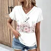 Blusas de mujer Top de verano Estampado de flores Colorblock Camiseta con cuello en V para mujer Suave transpirable con decoración de botones Manga corta Cómodo