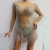 Stage Wear Sparkly Multi-cor Strass Franjas Bodysuit Sexy Transparente Comemore Traje Mangas Compridas Mulheres Pole Dance Outfit DWY3252