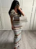 Casual Dresses Striped Crochet Short Sleeve Knitted Dress Women Sexy U-neck Bodycon A-line Maxi Vestidos Autumn Bohemian Vacation Brach