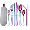 Dinnerware Sets Portable Cutlery Set Stainless Steel Tableware Case Fork Spoon Knife Travel Dinner Bag 9 Pc 1018 Drop Delivery Dhht8