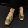 Dress Shoes Spring/Autumn Women Pumps Genuine Leather For Square Toe Soft Low Heel Gold Slip-on Pleated