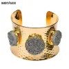 Braccialetti ShinyGem Stile selvaggio Rotondo Cristallo naturale Braccialetti Druzy Fascino Gemma Pietra Placcatura in oro Bracciale da polso con polsino aperto grande per le donne