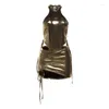 Arbeitskleider Sexy Damen 2-teiliges glänzendes Gold Bustier Bodys Röcke Sets Metallic-Farben-Tops Kordelzug Faltenrock Party Zwei Outfits