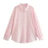 Женские блузки, розовая рубашка в клетку с текстурой High Street, модный летний свободный шифоновый топ для женщин