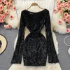 Casual Kleider Süße Stil Pailletten Patchwork Lange-ärmel Einfarbig A-linie Sexy frauen Hüfte Warp Kleid 2024 Herbst V-ausschnitt