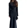 Casual Jurken Dames Polyester Spandex Jurk Effen Kleur Elegant Voor Stijlvolle Dames Lange Mouw Maxi Lente Kantoor