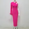 Casual Dresses Celebrity Sexy Feather Single Sleeve Chain Pink Black Midi Women Bodycon Bandage Dress 2024 Elegant Evening Club Party