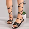 Sandals Peep Toe Lace-up Casual Solid Rivet Basic Women's Shoes On Sale 2024 High Quality Pu Flat With Summer