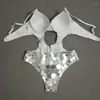 Stage Wear Silver Mirror Sequins Bodysuit Sexy Women Nightclub Bar Gogo Dance Performance Costume Club Party Rave Outfit