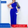 Ethnic Clothing One Shoulder Jumpsuits Women Vintage Elegant Diagonal Collar Printed Sleeve Belt Wide Leg Pants Party Club Lady Outfits 3XL