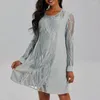 Casual Dresses A-line Silhouette Dress Elegant Lace Round Neck Long Sleeve Midi For Women See-through Mesh Patchwork Knee Length