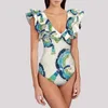 Mulheres Swimwear Mulheres One Piece Swimsuit Profundo V Ruffled Collar Designer Banheira Terno Verão Impresso