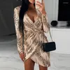 Casual Dresses Woman Sparking Sequin Slim Folds Mini Dress Chic Long Sleeve V-Neck Irregular Short Elegant Lady Party Night Streetwear