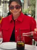 Giacca rossa con tasca risvolto Donna Autunno Inverno Manica lunga Monopetto Cappotto corto casual Elegante Office Lady Top 240126