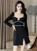 Robes décontractées Mode Robe noire 2024 Femmes de luxe élégant diamant taille haute fente robe courte femme fête bal club vestidos fiesta