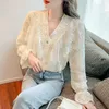 Frauen Blusen Koreanische Mode Mesh Spleißen Blütenblatt Hülse Frauen Tops Casual Dame Shirts Frau Shirt Weibliche Mädchen Lange Bluse 2