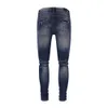 2023 Nieuwe High Street Trendy Merk Broken Skin Patch Elastische Slim Fit Distressed Deep Blue Jeans voor heren