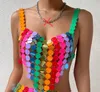 Bühnenkleidung, Bar, Club, Party, Rave-Outfits, bunte Streifen, Pailletten, bauchfreie Tops, Minirock, 2-teiliges Set, sexy Festival-Tanzkostüm