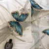 Ensembles de literie de luxe blanc 1000TC ensemble de coton égyptien bleu papillon broderie satin doux housse de couette drap de lit taies d'oreiller