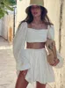 Work Dresses Women Two Piece Outfits Sexy Beige Linen 2024 Fashion Puff Sleeve Crop Shirts With High Waist Mini Skirt Sets Female Holiday