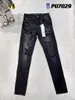 Jeans morados Pantalones de mezclilla para hombre Pantalones negros Bordado de alta calidad Acolchado rasgado para marca de tendencia Pantalón vintage para hombre pliegues Modas delgadas y delgadas