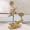 Nuovo Rene Caovilla moda Sandali con tacco metallico scolpito Pelle di metallo Designer di lusso Zeppa avvolgente alla caviglia Sandali da donna Scarpe eleganti Scarpe da sera Con scatola