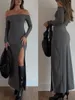 Casual klänningar kvinnor utanför axeln lång klänning fast färg sexig grå ärm hög slits rygglös smal elegant för sommaren