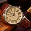 Men Mechanical Hand Wind Watch Retro Gold Roman Numeral Brown Leather Strap Clock Male Casual Automatic Wristwatches307s