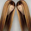 4/27 Highlight Wigs Brasilian Straight Wigs Highlight Spets Front Human Hair Wigs Honey Blonde Ombre Spets Front Wig Remy