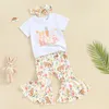 Kläderuppsättningar Baby Girl Easter Outfit Hip Hop Letter Print Kort ärm T-shirt Flare Bell Bottoms pannband 3 Piece Set