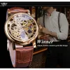 Zwycięzca Transparent Fashion Case Luxury Casual Design skórzany pasek męskie zegarki Top Marka Luksusowy mechaniczny szkielet zegarek 240124