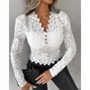 Bluzki damskie szydełko koronkowe guziki asymetryczne wykończenie eleganckie kobiety dmuchane długie rękaw V Nakień gorset Slim Fit Shirt Y2K Chic Ubrania