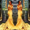 Robes de bal sirène jaune africain nigérian 2018 épaules dénudées dentelle paillettes robes de soirée en Satin BA8405310h